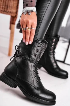 Damskie Evento Botki Damskie Ciepłe Workery Z Cyrkoniami Czarne Seven Days