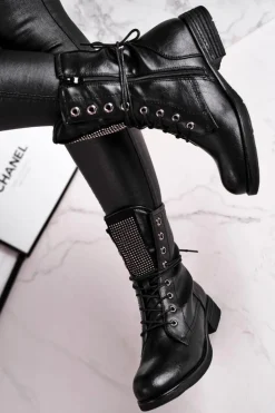 Damskie Evento Botki Damskie Ciepłe Workery Z Cyrkoniami Czarne Seven Days