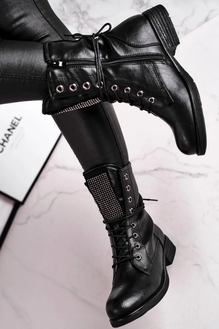 Damskie Evento Botki Damskie Ciepłe Workery Z Cyrkoniami Czarne Seven Days