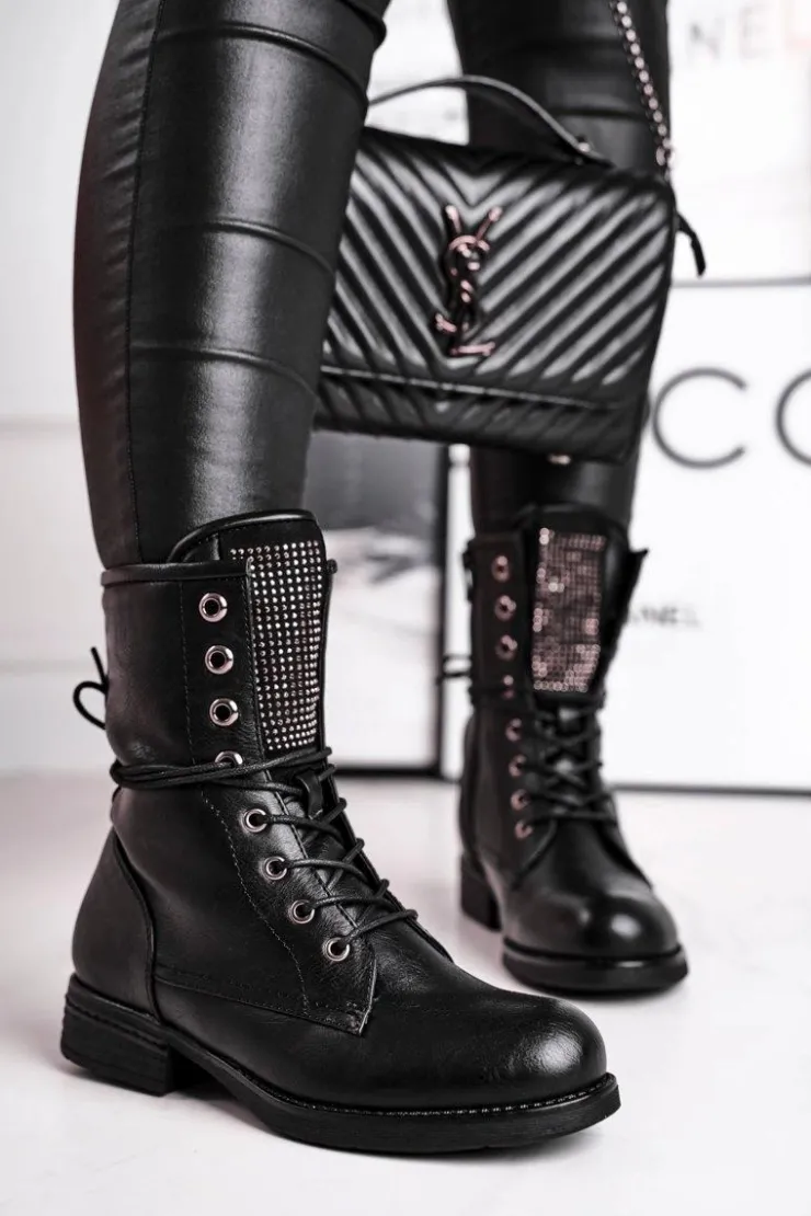 Damskie Evento Botki Damskie Ciepłe Workery Z Cyrkoniami Czarne Seven Days