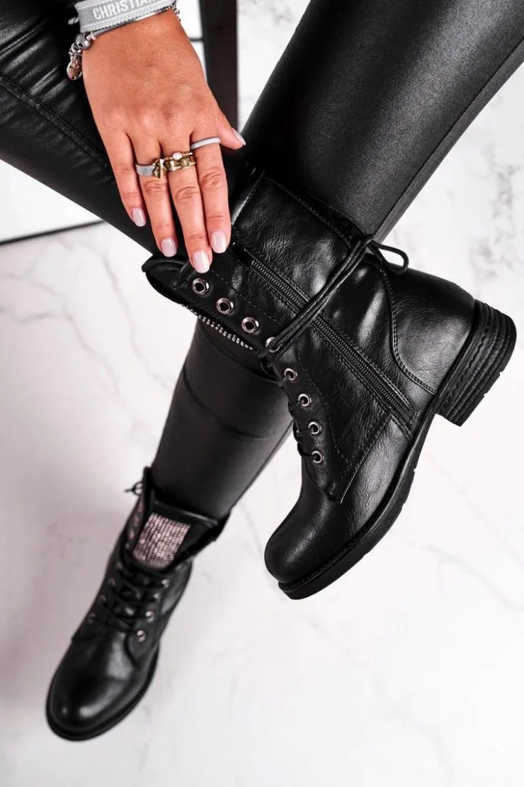 Damskie Evento Botki Damskie Ciepłe Workery Z Cyrkoniami Czarne Seven Days