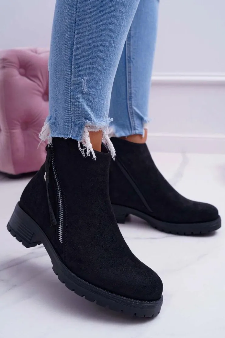 Sale Boto Botki Damskie Ciepłe Zamszowe Dwa Suwaki Czarne Ohoo