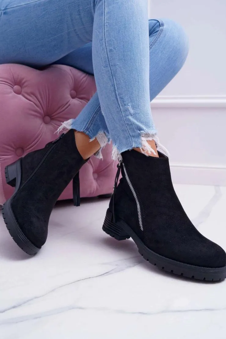 Sale Boto Botki Damskie Ciepłe Zamszowe Dwa Suwaki Czarne Ohoo
