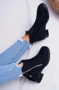 Sale Boto Botki Damskie Ciepłe Zamszowe Dwa Suwaki Czarne Ohoo