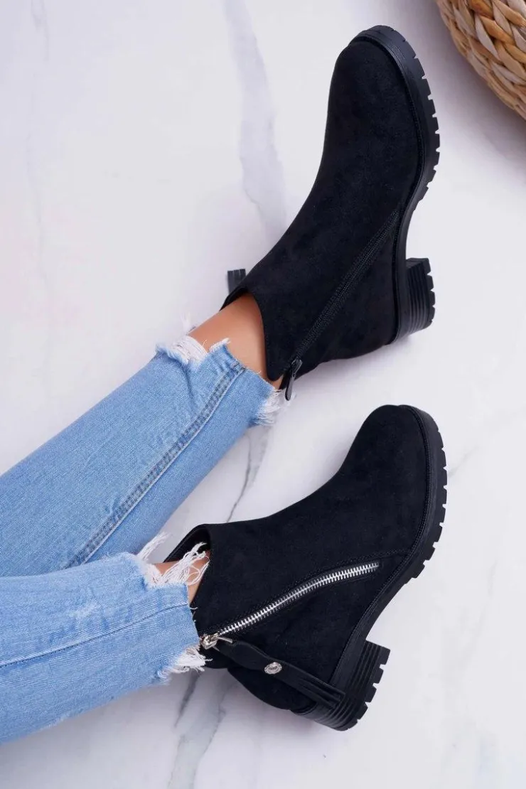 Sale Boto Botki Damskie Ciepłe Zamszowe Dwa Suwaki Czarne Ohoo