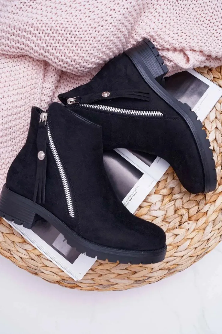 Sale Boto Botki Damskie Ciepłe Zamszowe Dwa Suwaki Czarne Ohoo
