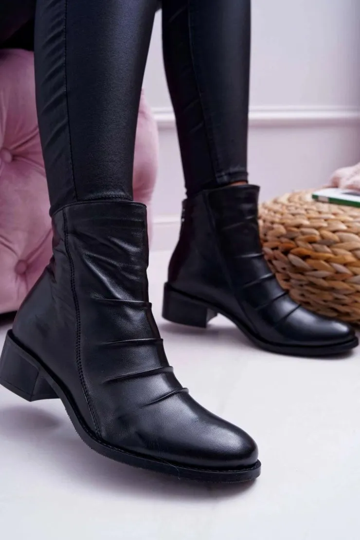 Damskie Laura Messi Botki Damskie Czarne Płaski Obcas Skóra Naturalna