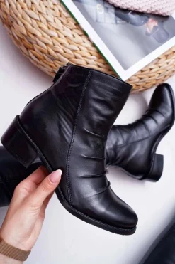 Damskie Laura Messi Botki Damskie Czarne Płaski Obcas Skóra Naturalna