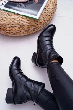 Damskie Laura Messi Botki Damskie Czarne Płaski Obcas Skóra Naturalna