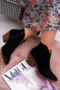 Damskie Boto Botki Damskie Czarne Skórzane na Obcasie Chavai