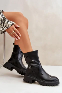 Damskie Boto Botki Damskie Eko Skórzane Na Zamek Z Ozdobnymi Detalami Czarne Reritha