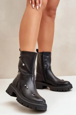 Damskie Boto Botki Damskie Eko Skórzane Na Zamek Z Ozdobnymi Detalami Czarne Reritha