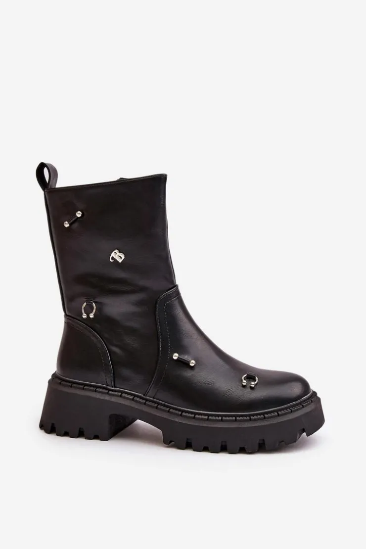 Damskie Boto Botki Damskie Eko Skórzane Na Zamek Z Ozdobnymi Detalami Czarne Reritha