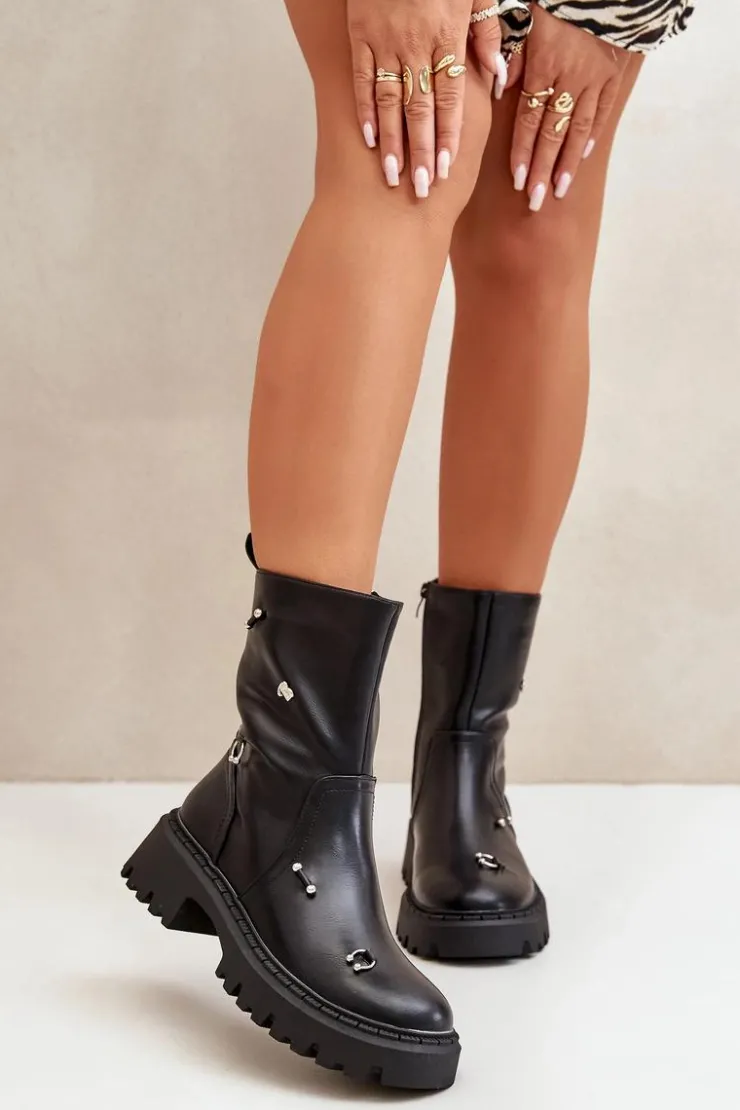 Damskie Boto Botki Damskie Eko Skórzane Na Zamek Z Ozdobnymi Detalami Czarne Reritha
