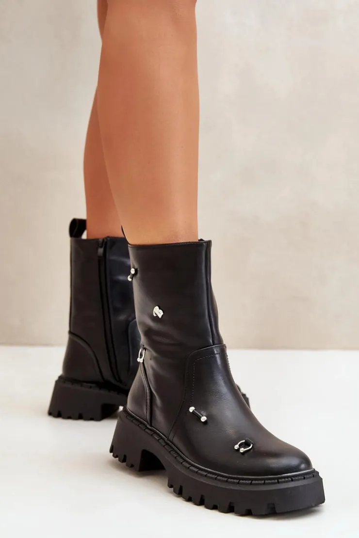Damskie Boto Botki Damskie Eko Skórzane Na Zamek Z Ozdobnymi Detalami Czarne Reritha