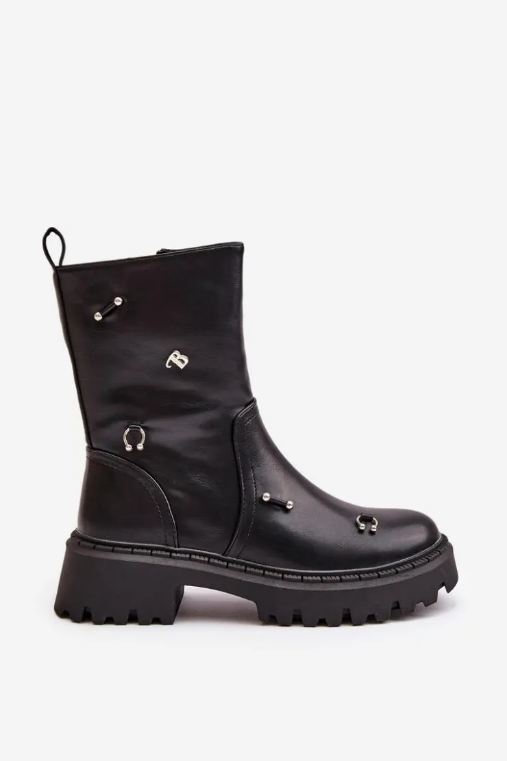 Damskie Boto Botki Damskie Eko Skórzane Na Zamek Z Ozdobnymi Detalami Czarne Reritha