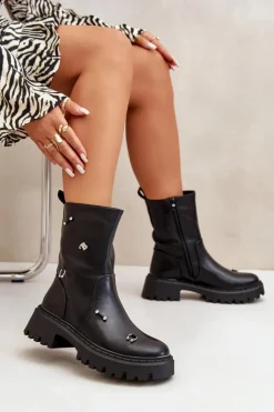 Damskie Boto Botki Damskie Eko Skórzane Na Zamek Z Ozdobnymi Detalami Czarne Reritha