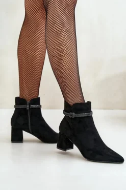 Damskie Boto Botki Damskie Eko Zamszowe Na Słupku Z Noskami W Szpic Czarne Terivannes