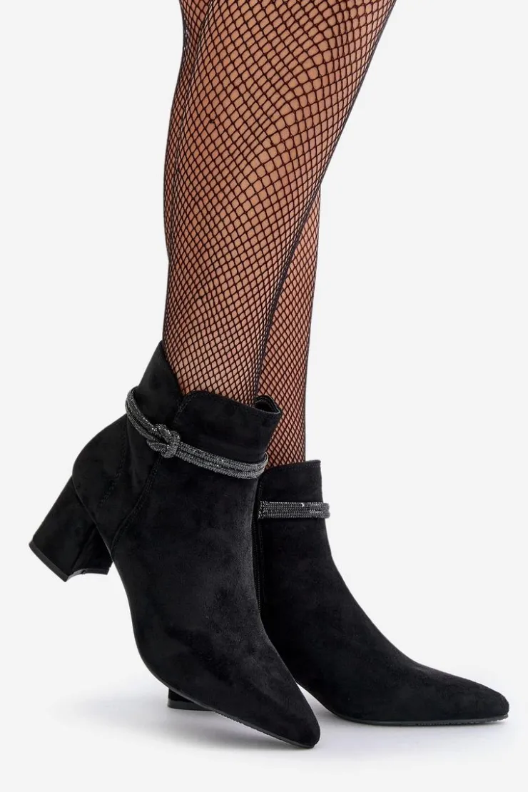 Damskie Boto Botki Damskie Eko Zamszowe Na Słupku Z Noskami W Szpic Czarne Terivannes