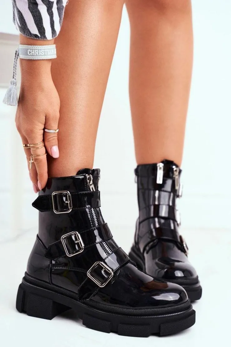 Damskie Boto Botki Damskie Klamry Suwaki Lakierowane Czarne Kassandra