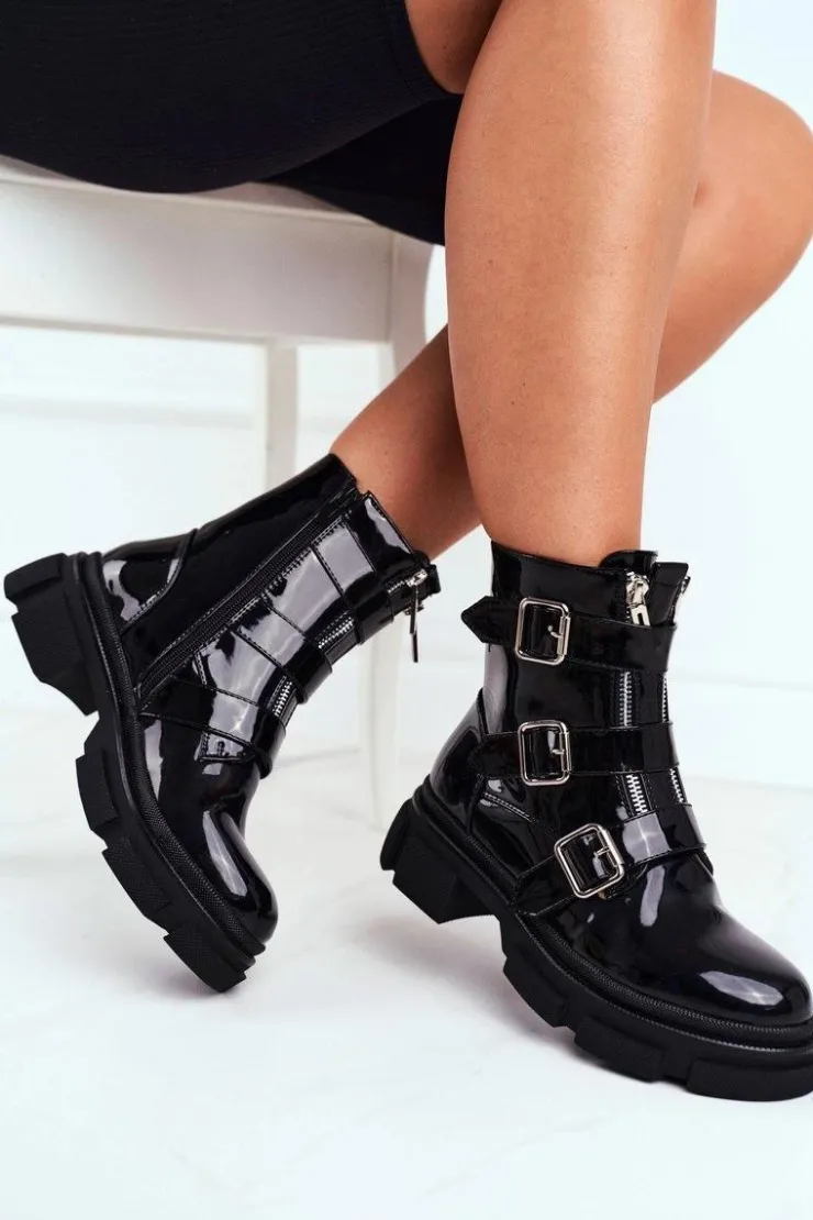 Damskie Boto Botki Damskie Klamry Suwaki Lakierowane Czarne Kassandra