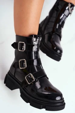 Damskie Boto Botki Damskie Klamry Suwaki Lakierowane Czarne Kassandra