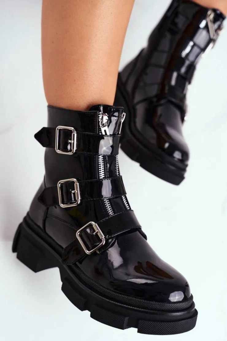 Damskie Boto Botki Damskie Klamry Suwaki Lakierowane Czarne Kassandra