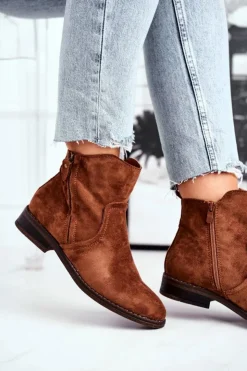 Evento Botki Zimowe Damskie|Brązowe I Beżowe Botki*Botki Damskie Kowbojki Płaski Obcas Camel Plemmi