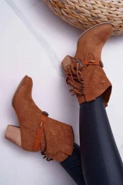 Damskie Boto Botki Damskie Kowbojki z Klamrą Brązowe Marciapo