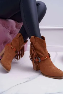 Damskie Boto Botki Damskie Kowbojki z Klamrą Brązowe Marciapo