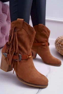 Damskie Boto Botki Damskie Kowbojki z Klamrą Brązowe Marciapo