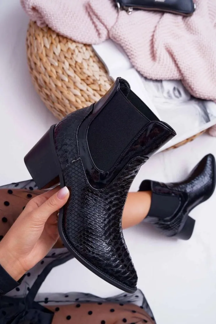 Boto Botki Na Słupku|Botki Zimowe Damskie*Botki Damskie Lakierowane Wsuwane Czarne Dorine