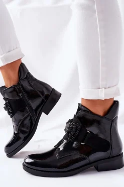 Damskie Damskie buty S.Barski Botki Damskie Lakierowane Czarne Kryształy Schuler