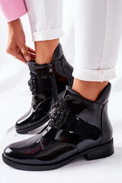 Damskie Damskie buty S.Barski Botki Damskie Lakierowane Czarne Kryształy Schuler