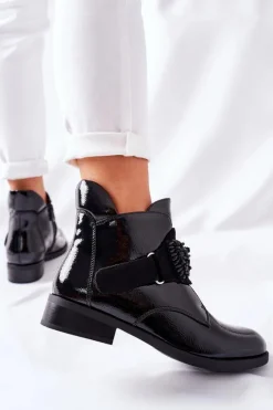 Damskie Damskie buty S.Barski Botki Damskie Lakierowane Czarne Kryształy Schuler