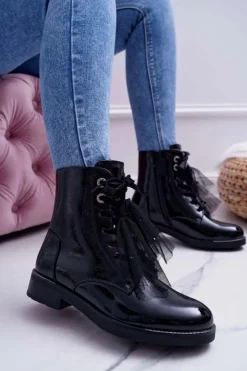 Damskie buty S.Barski Botki Sznurowane|Botki Zimowe Damskie*Botki Damskie Lakierowane Płaskie Czarne Barski 39-2