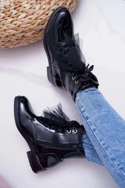 Damskie buty S.Barski Botki Sznurowane|Botki Zimowe Damskie*Botki Damskie Lakierowane Płaskie Czarne Barski 39-2