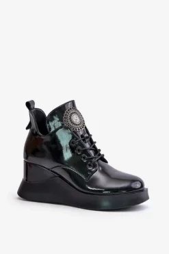 Discount Buty damskie Vinceza Botki Damskie Lakierowane Na Koturnie Ocieplane Vinceza 66706 Czarne