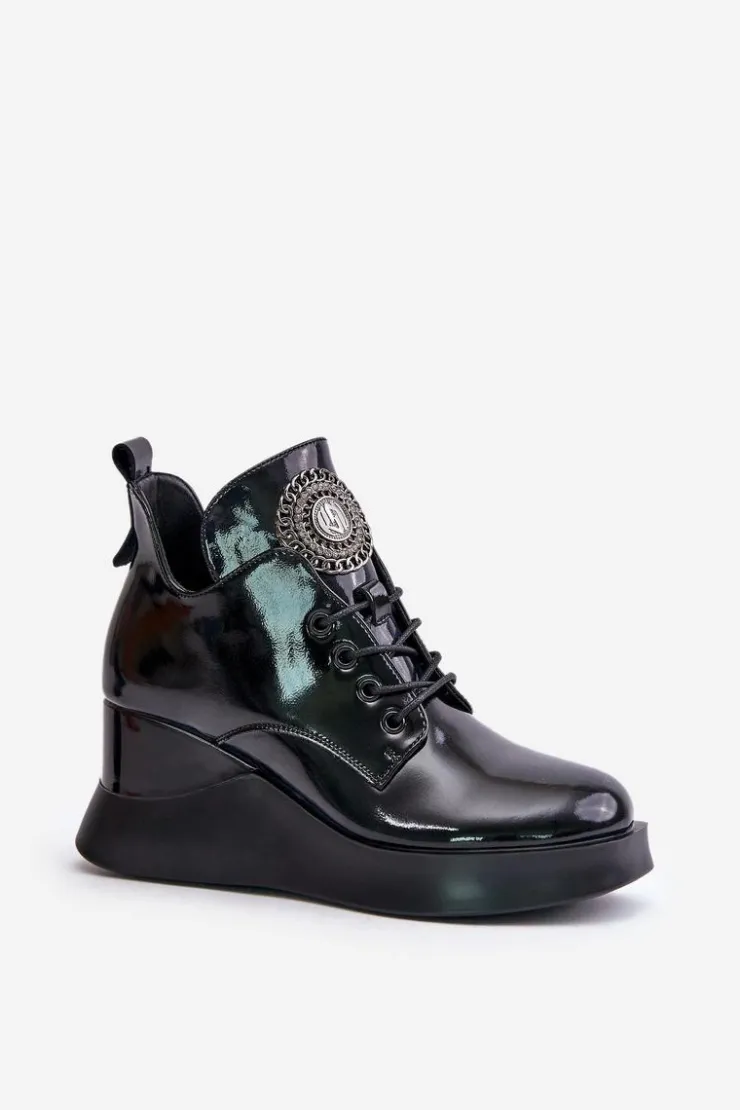 Discount Buty damskie Vinceza Botki Damskie Lakierowane Na Koturnie Ocieplane Vinceza 66706 Czarne