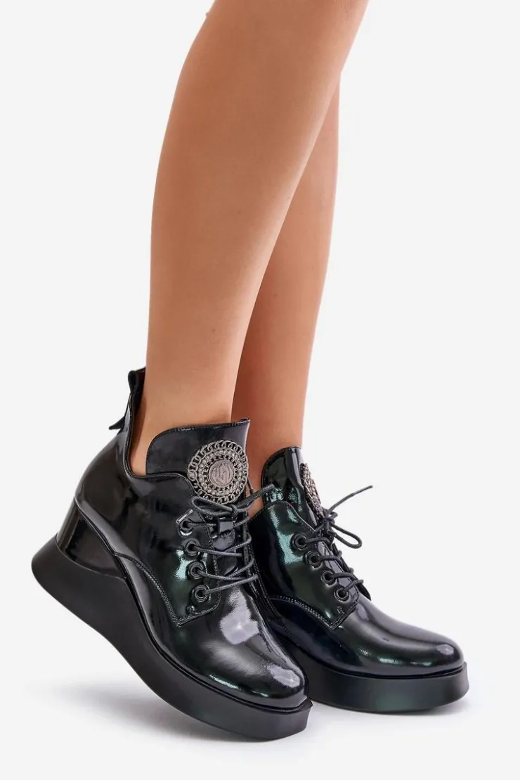 Discount Buty damskie Vinceza Botki Damskie Lakierowane Na Koturnie Ocieplane Vinceza 66706 Czarne