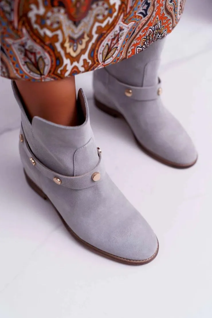 Laura Messi Botki Wiosenne|Botki Na Koturnie*Botki Damskie 1890 Skóra Zamsz Szare Darmah