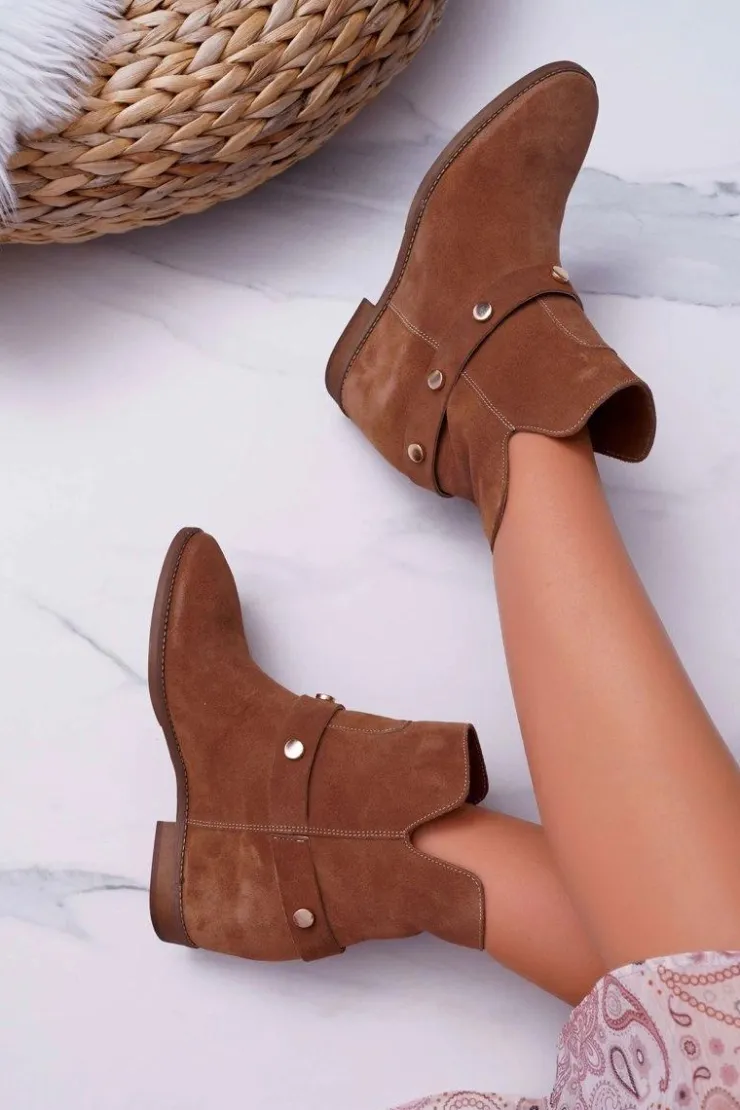 Damskie Laura Messi Botki Damskie 1890 Skóra Zamsz Ciemny Camel Darmah