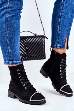 Boto Botki Sznurowane|Botki Workery*Botki Damskie Lu Boo Czarne Zamszowe Workery ze Stalową Oprawą Jacksy