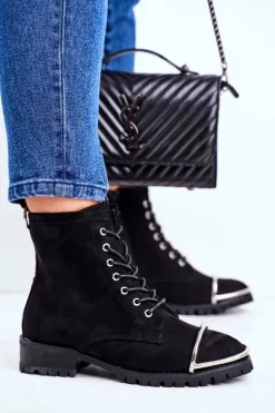 Boto Botki Sznurowane|Botki Workery*Botki Damskie Lu Boo Czarne Zamszowe Workery ze Stalową Oprawą Jacksy