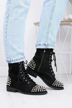 Damskie Boto Botki Damskie Lu Boo Zamszowe Czarne Workery z Ćwiekami Tension