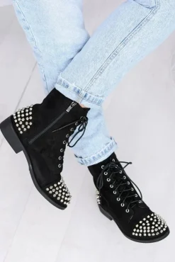 Damskie Boto Botki Damskie Lu Boo Zamszowe Czarne Workery z Ćwiekami Tension