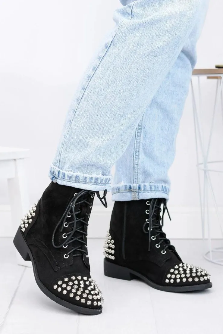 Damskie Boto Botki Damskie Lu Boo Zamszowe Czarne Workery z Ćwiekami Tension