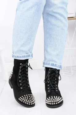 Damskie Boto Botki Damskie Lu Boo Zamszowe Czarne Workery z Ćwiekami Tension