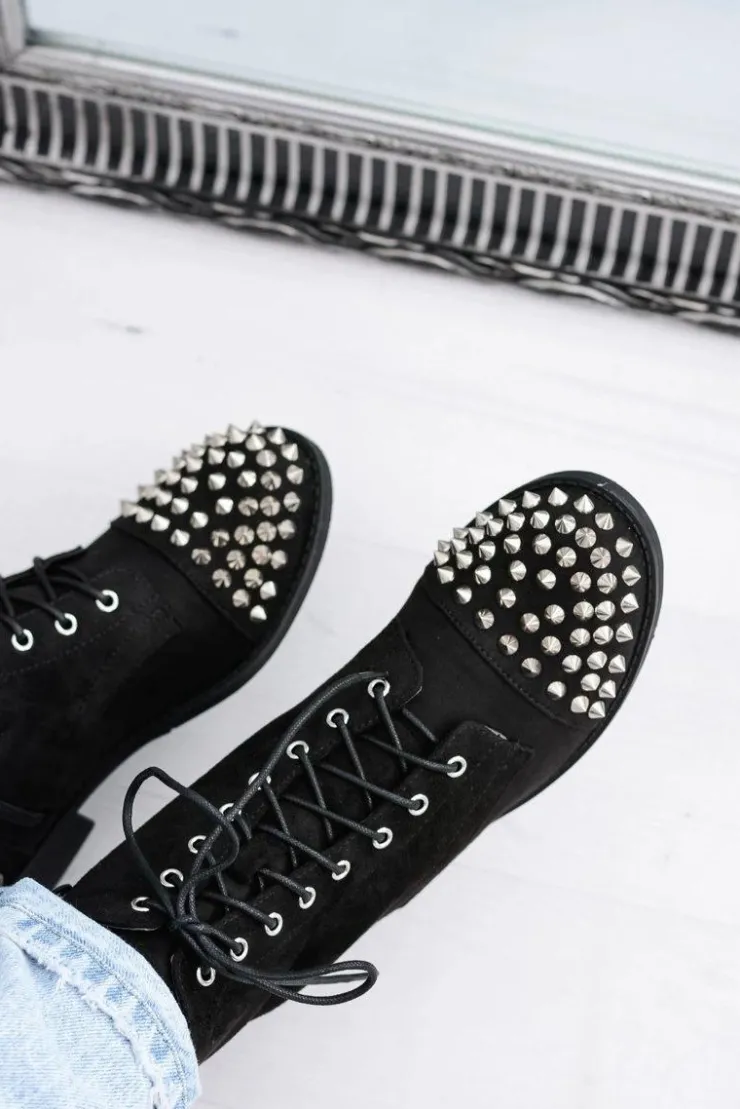 Damskie Boto Botki Damskie Lu Boo Zamszowe Czarne Workery z Ćwiekami Tension