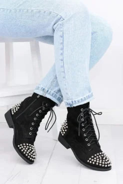 Damskie Boto Botki Damskie Lu Boo Zamszowe Czarne Workery z Ćwiekami Tension